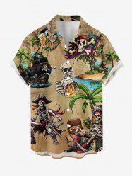 Skulls Skeleton Pirate Coconut Tree Beer Print Hawaii Button Pocket Shirt For Men - Bronze XL
