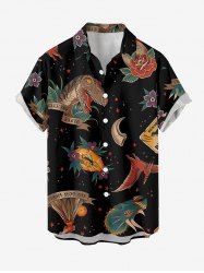 Plus Size Dinosaur Flower Print Hawaii Button Pocket Shirt For Men - Noir 3XL