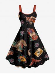 Plus Size Dinosaur Flower Print Hawaii A Line Dress - Noir XS