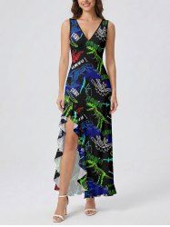 Dinosaur Letters Print Hawaii Ruffles Split Dress -  