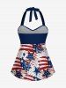 Patriotic American Flag Graffiti Print Twist Halter Backless Cinched Boyleg Tankini Swimsuit -  