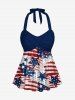Patriotic American Flag Graffiti Print Twist Halter Backless Cinched Boyleg Tankini Swimsuit -  