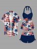 Patriotic American Flag Graffiti Print Twist Halter Backless Cinched Boyleg Tankini Swimsuit -  