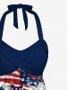 Patriotic American Flag Graffiti Print Twist Halter Backless Cinched Boyleg Tankini Swimsuit -  