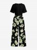 Flower Leaf Print V Neck Hawaii Wide Leg Jumpsuit -  
