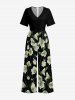 Flower Leaf Print V Neck Hawaii Wide Leg Jumpsuit -  