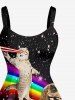 Dinosaur Cat Pizza Rainbow Galaxy Print Hawaii Tank Dress - Noir XXS