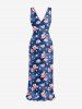 Flowers Leaf Print Hawaii Ruffles Split Surplice Dress - Bleu S