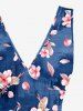Flowers Leaf Print Hawaii Ruffles Split Surplice Dress - Bleu S