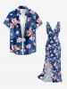 Flowers Leaf Print Hawaii Ruffles Split Surplice Dress - Bleu S