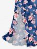Flowers Leaf Print Hawaii Ruffles Split Surplice Dress - Bleu S