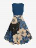 Plus Size Flowers Cat Print Hawaii 1950s Vintage Dress -  