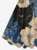 Plus Size Flowers Cat Print Hawaii 1950s Vintage Dress -  