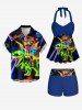Dinosaur Cat Planet Galaxy Print Hawaii Twist Halter Backless Boyleg Tankini Swimsuit -  