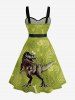 Tropical Leaf Dinosaur Print Hawaii Button A Line Dress with Removable Belt -  