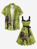 Tropical Leaf Dinosaur Print Hawaii Button A Line Dress with Removable Belt -  