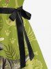 Tropical Leaf Dinosaur Print Hawaii Button A Line Dress with Removable Belt -  