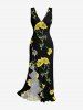 Flowers Leaf Print Hawaii Ruffles Split Surplice Dress -  
