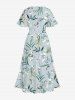 Plus Size Flowers Leaf Print Split Hawaii Midi Dress - Bleu-gris 3X