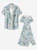 Plus Size Flowers Leaf Print Split Hawaii Midi Dress - Bleu-gris 3X