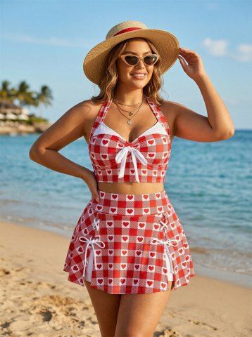 Plus Size Plaid Heart Print Halter Bowknot Lace Up Skirted Tankini Swimsuit - RED - 1X | US 14-16