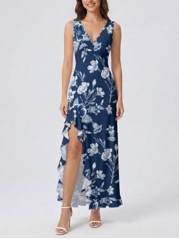 Flowers Leaf Print Hawaii Ruffles Split Surplice Dress - CADETBLUE - L