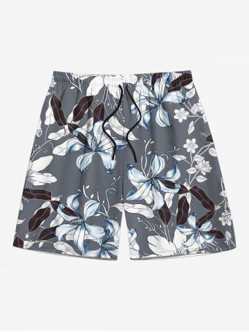 Plus Size Flower Leaf Print Hawaii Beach Shorts For Men - GRAY - 6XL