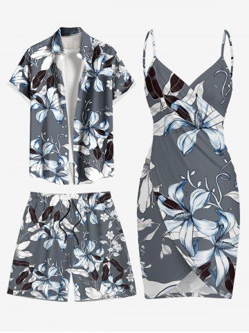 Flower Leaf Print Plus Size Matching Hawaii Beach Outfit For Couples - GRAY