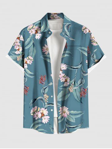 Plus Size Flowers Leaf Print Buttons Pocket Hawaii Shirt For Men
