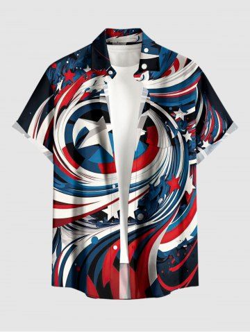 Plus Size Men Patriotic American Flag Swirl Print Buttons Pocket Shirt - DEEP BLUE - 6XL