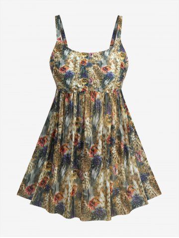 Plus Size Flower Leopard Print Tankini Swimsuit (Adjustable Shoulder Strap) - BROWN - 4XL