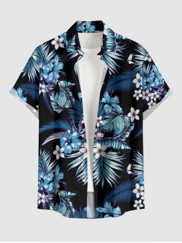 Plus Size Tropical Leaf Hibiscus Flower Print Hawaii Button Pocket Shirt For Men - BLUE - 2XL