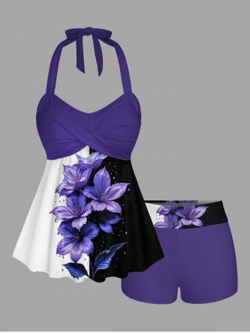 Flower Leaf Print Hawaii Twist Halter Backless Boyleg Tankini Swimsuit - CONCORD - 3X