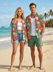 Hibiscus Flower Tropical Leaf Print Matching Hawaii Beach Outfit For Couples - Rouge 