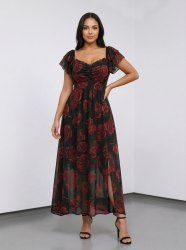 Plus Size Rose Flower Print Ruched Split A Line Dress -  