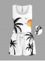 Plus Size Coconut Tree Sun Print Cinched Hawaii Romper - Blanc XXS