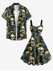 Skulls Flowers Leaf Print Matching Hawaii Beach Outfit For Couples -  