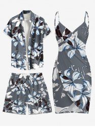 Flower Leaf Print Matching Hawaii Beach Outfit For Couples -  
