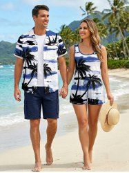 Matching Hawaii Shirt and Romper Beach Outfit Coconut Tree Sea Print For Couples -  