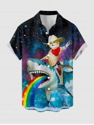 Shark Rainbow Cat Sea Galaxy Print Hawaii Button Pocket Shirt For Men -  