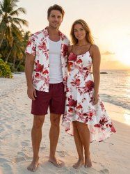 Rose Flowers Leaf Print Plus Size Matching Hawaii Beach Outfit For Couples - Rouge 