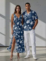 Flowers Leaf Print Matching Hawaii Beach Outfit For Couples -  