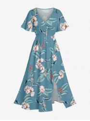 Plus Size Flowers Leaf Print Split Hawaii Midi Dress -  