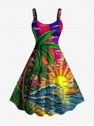 Plus Size Coconut Tree Sun Sea Waves Cloud Print Hawaii Tank Dress - Multi S