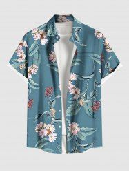Plus Size Flowers Leaf Print Buttons Pocket Hawaii Shirt For Men - Paon Bleu XL