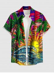 Plus Size Coconut Tree Sun Sea Waves Cloud Print Buttons Pocket Hawaii Shirt For Men - Multi XL