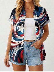 Women's Patriotic American Flag Swirl Print Buttons Pocket Shirt - Bleu profond M