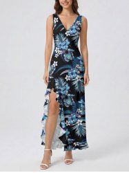 Tropical Leaf Hibiscus Flower Print Hawaii Ruffles Split Dress - Bleu S