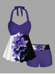Flower Leaf Print Hawaii Twist Halter Backless Boyleg Tankini Swimsuit -  