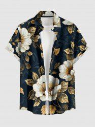 Chemise hawaïenne à imprimé floral et feuilles grande taille avec poche boutonnée pour homme - Bleu profond 2XL